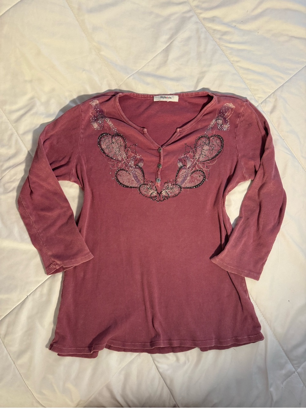 Style & Co. Mauve Embellished Long-Sleeve Henley Top